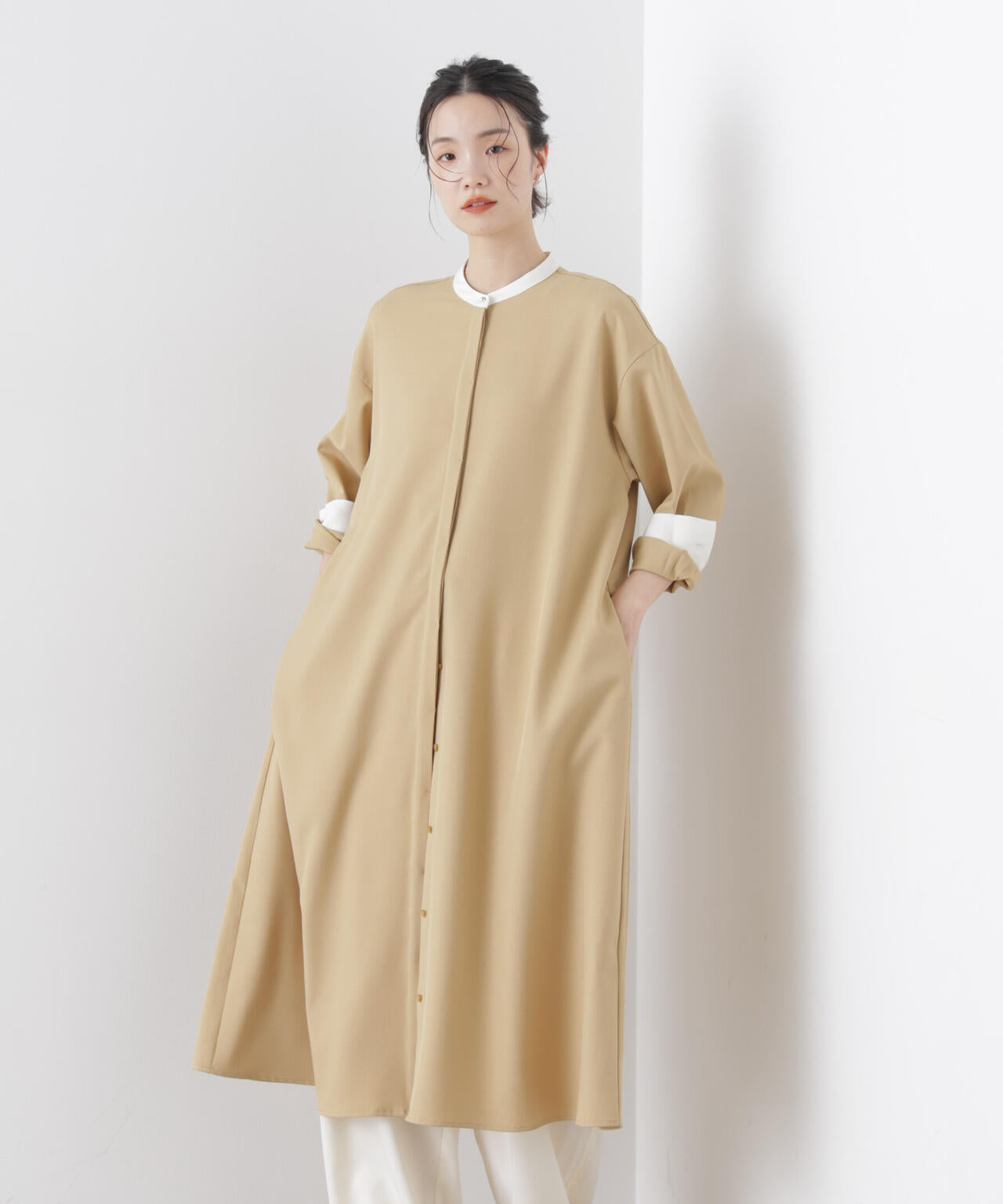 バイカラーフレアスタンドカラーワンピース 6736119314