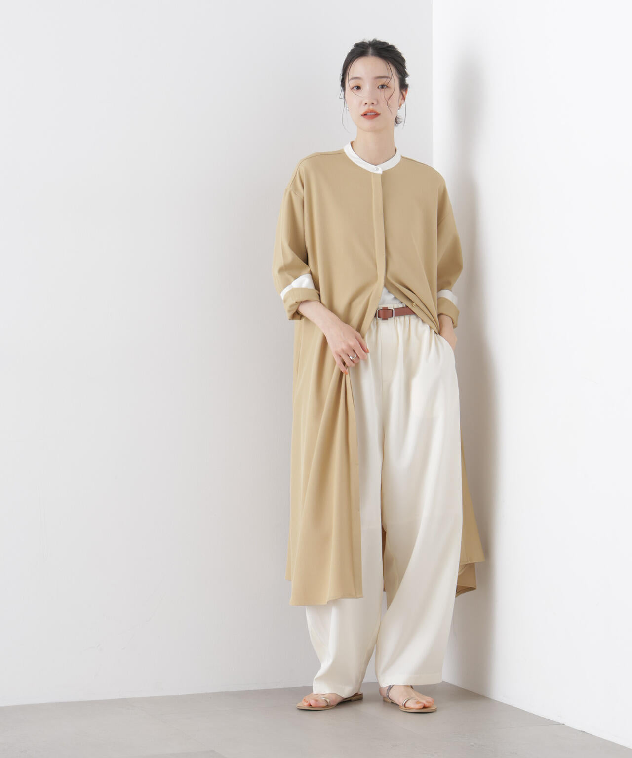 バイカラーフレアスタンドカラーワンピース 6736119314