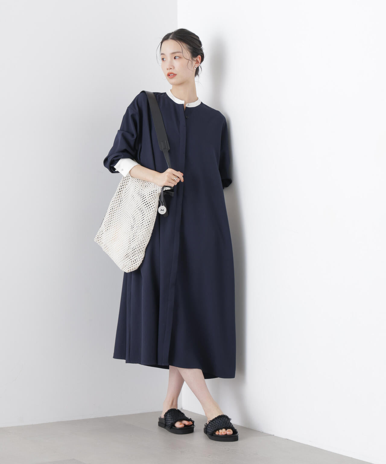 バイカラーフレアスタンドカラーワンピース 6736119314