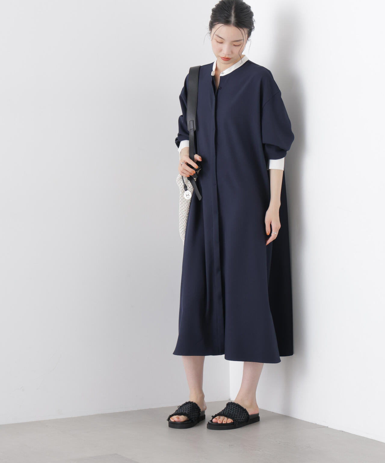 バイカラーフレアスタンドカラーワンピース 6736119314