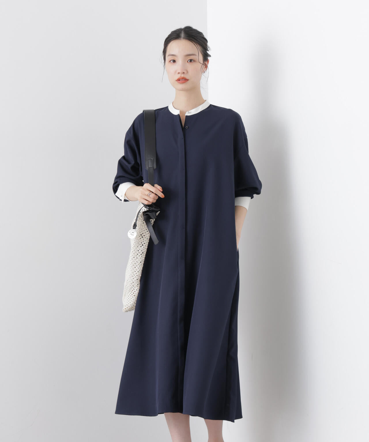 バイカラーフレアスタンドカラーワンピース 6736119314