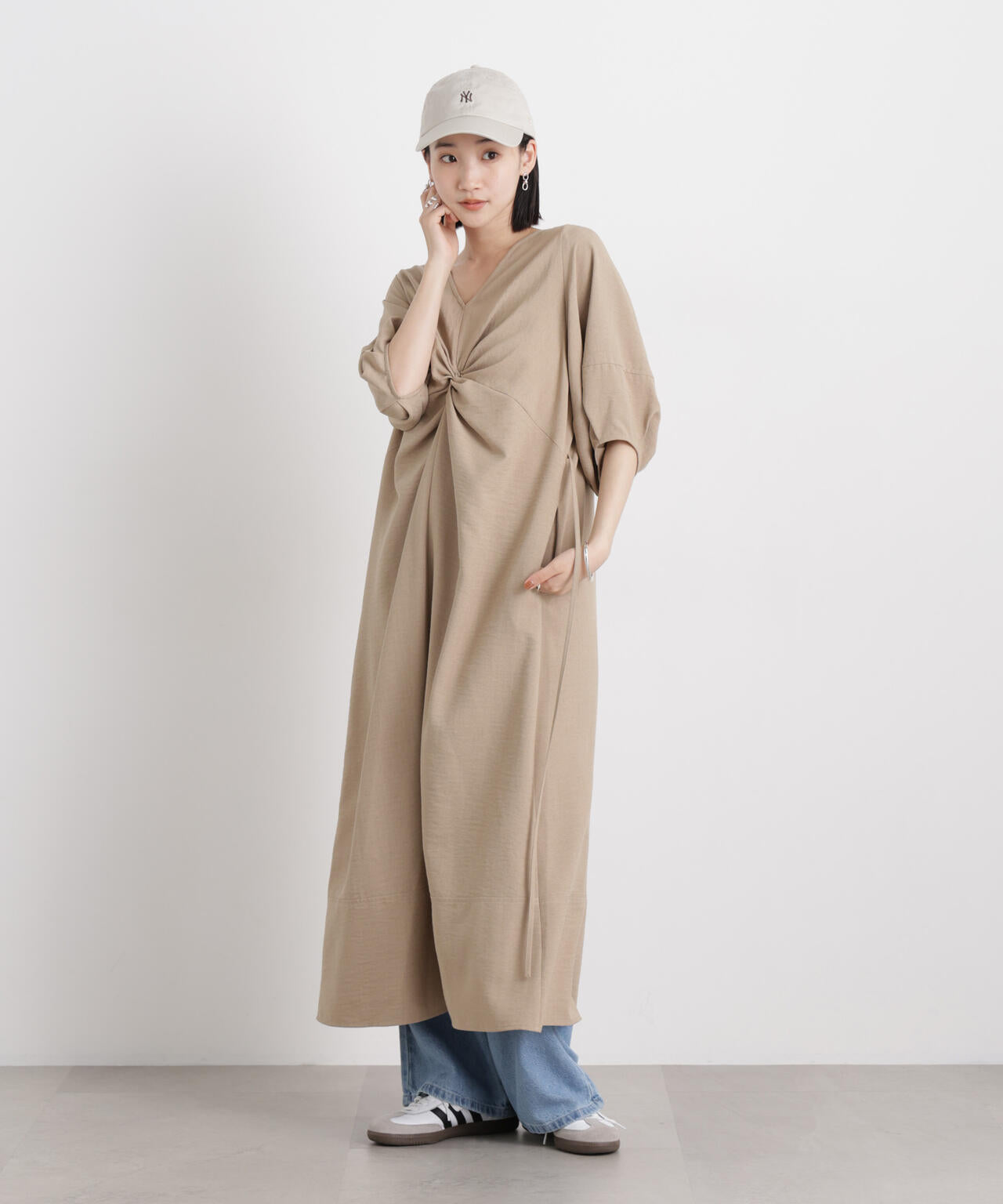 多機能リネンライク前後2wayランタンスリーブワンピース 6736119318