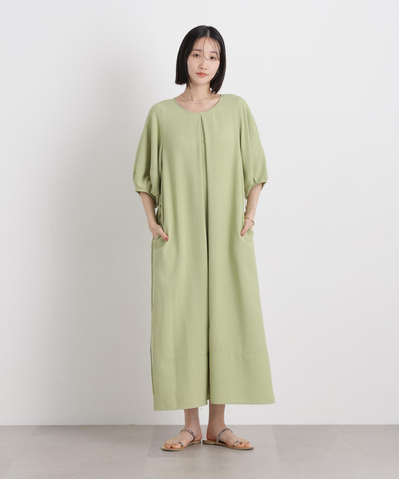 多機能リネンライク前後2wayランタンスリーブワンピース 6736119318