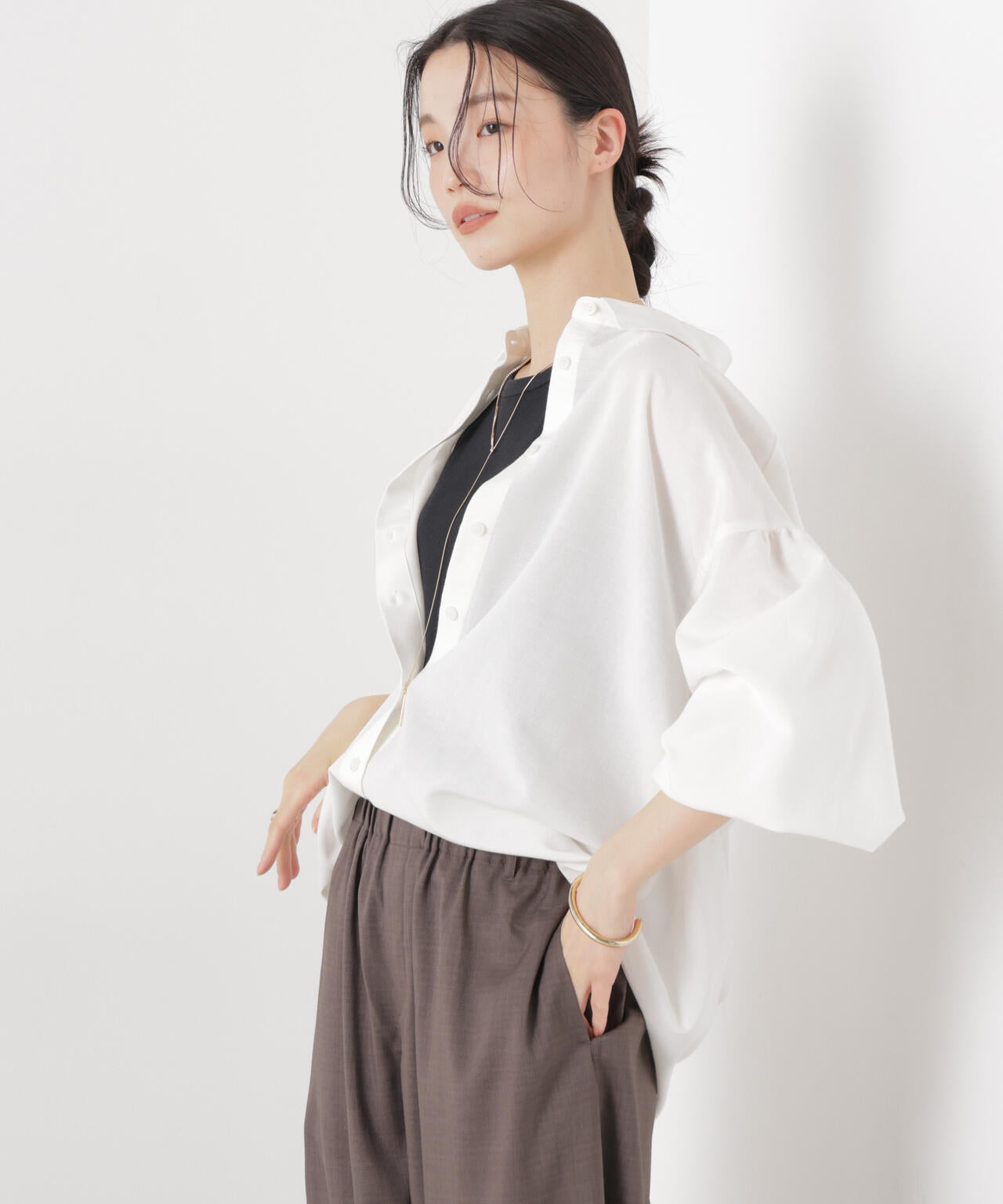 マシンウォッシャブルリネン混 ボリュームスリーブシャツ 6736120315