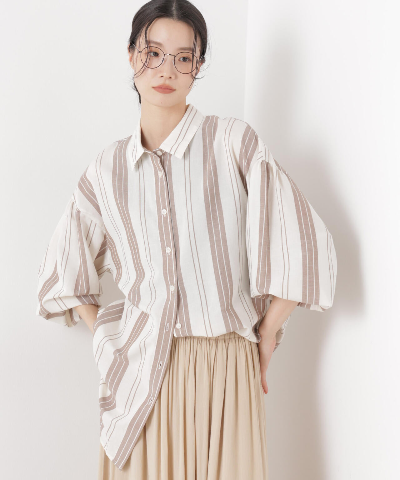 マシンウォッシャブルリネン混 ボリュームスリーブシャツ 6736120315