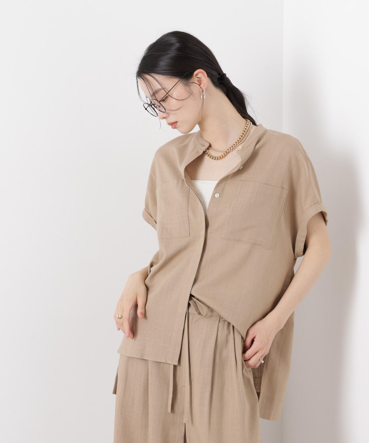 多機能リネン混スタンドカラードルマンフレンチスリーブシャツ(セットアップ可) 6736121304