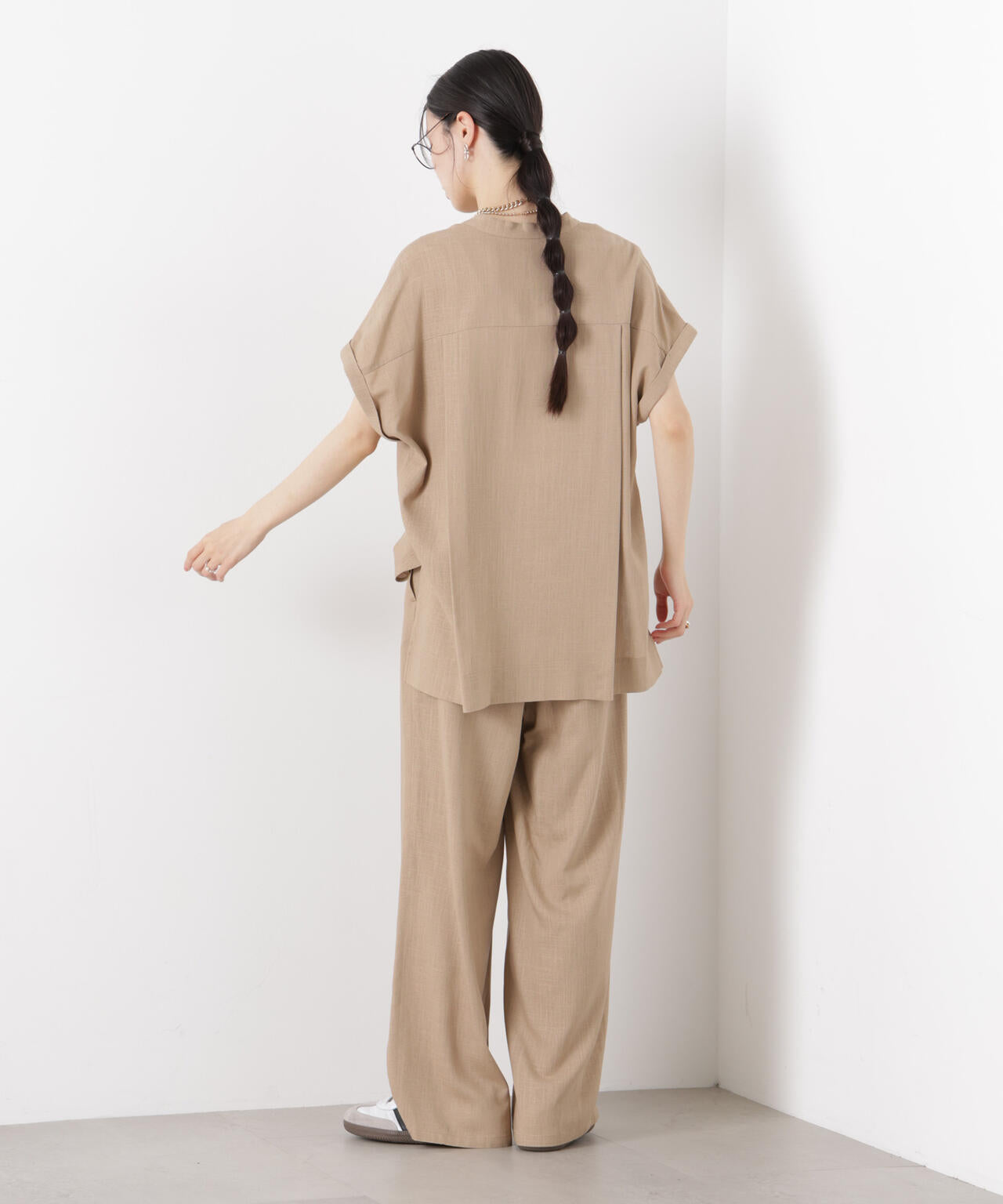 多機能リネン混スタンドカラードルマンフレンチスリーブシャツ(セットアップ可) 6736121304