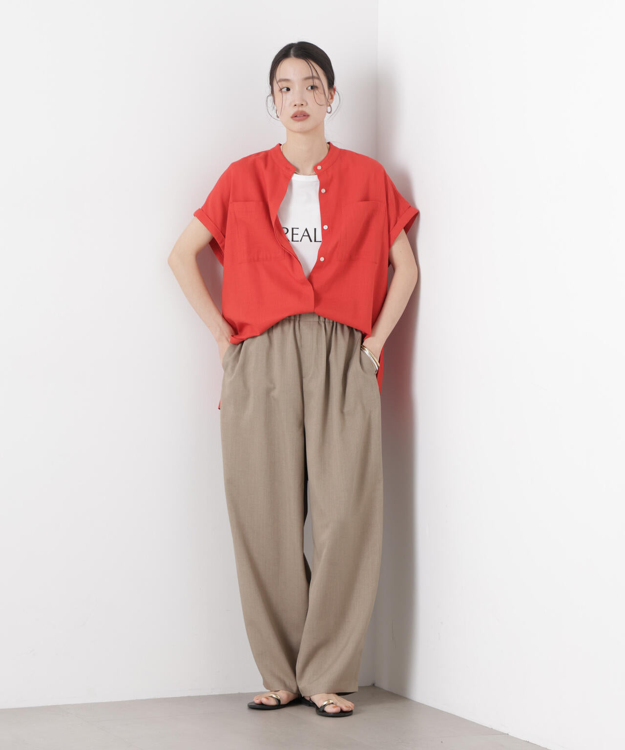 多機能リネン混スタンドカラードルマンフレンチスリーブシャツ(セットアップ可) 6736121304