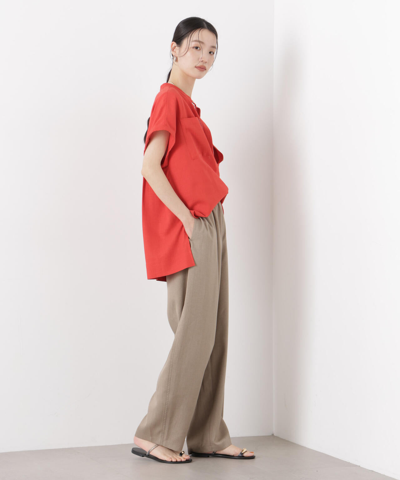 多機能リネン混スタンドカラードルマンフレンチスリーブシャツ(セットアップ可) 6736121304