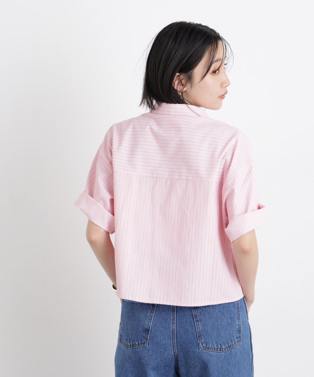ドビーストライプクロップド半袖シャツ(セットアップ可) 6736121306