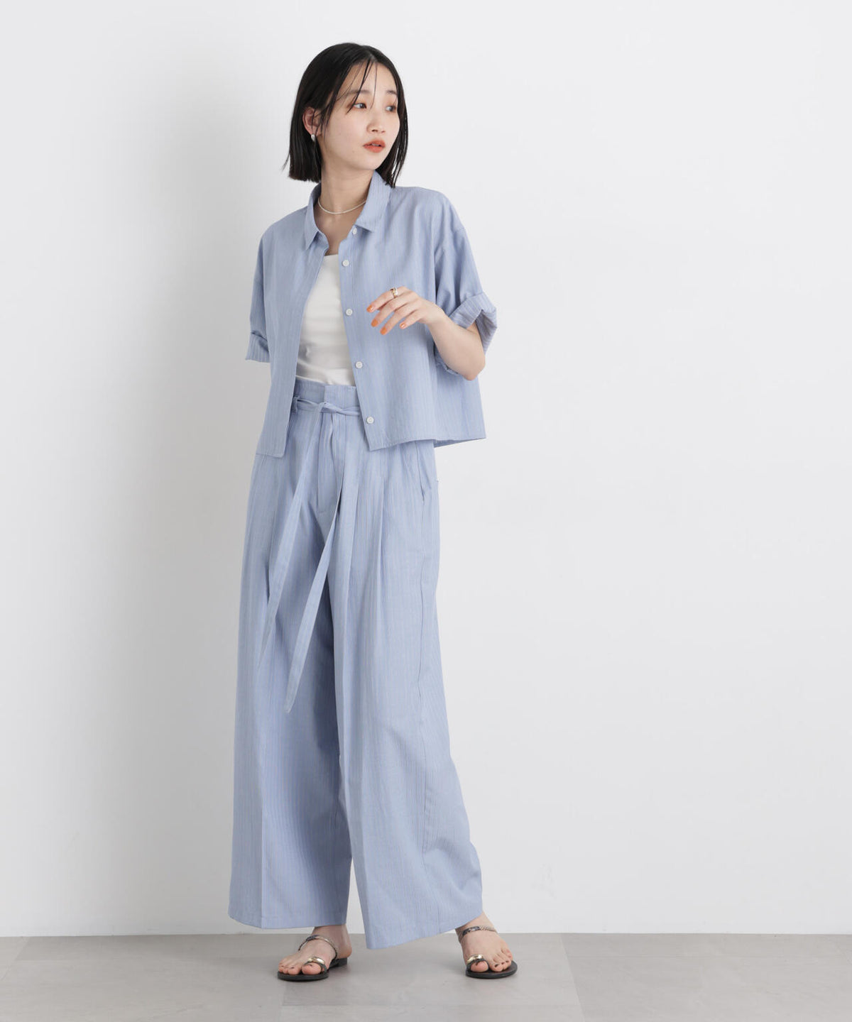 ドビーストライプクロップド半袖シャツ(セットアップ可) 6736121306