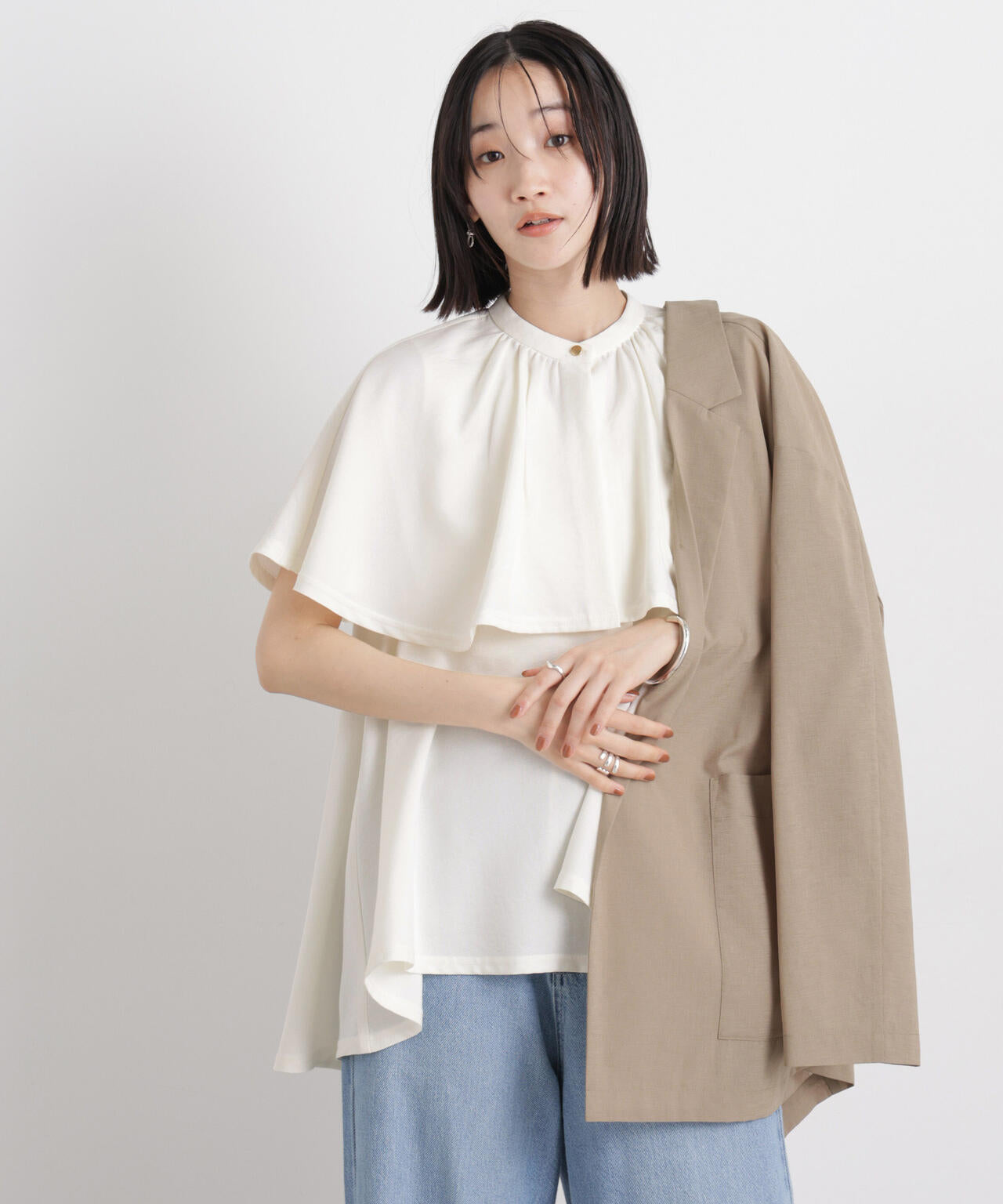 多機能リネンライクケープカラーセットデザインブラウス 6736121307