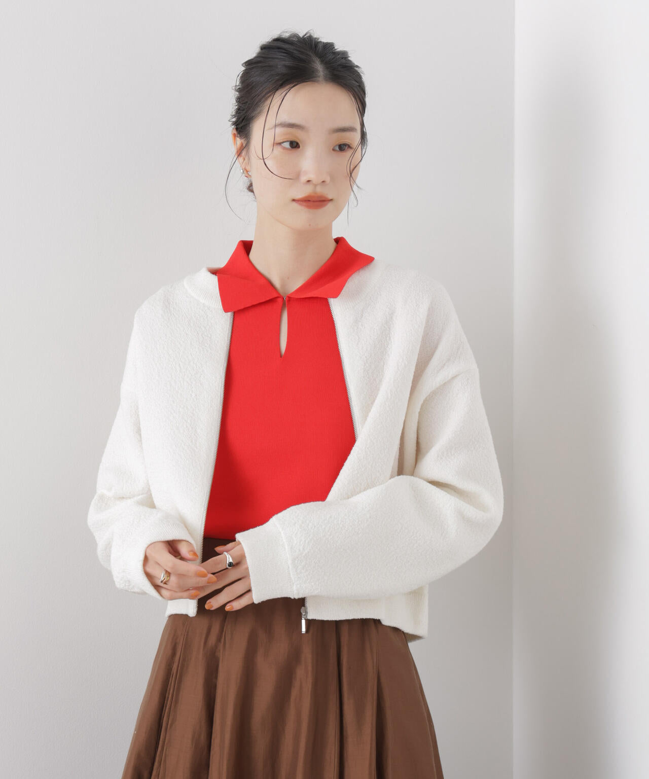 梨地ダブルフェイスジップアップニット 6736122306