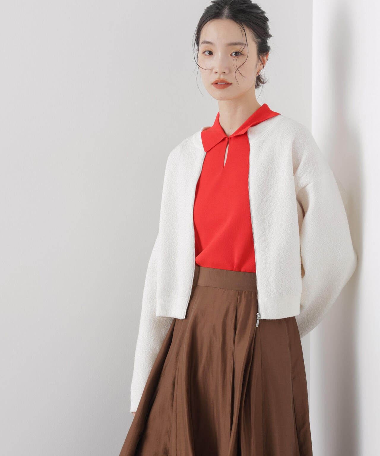 梨地ダブルフェイスジップアップニット 6736122306