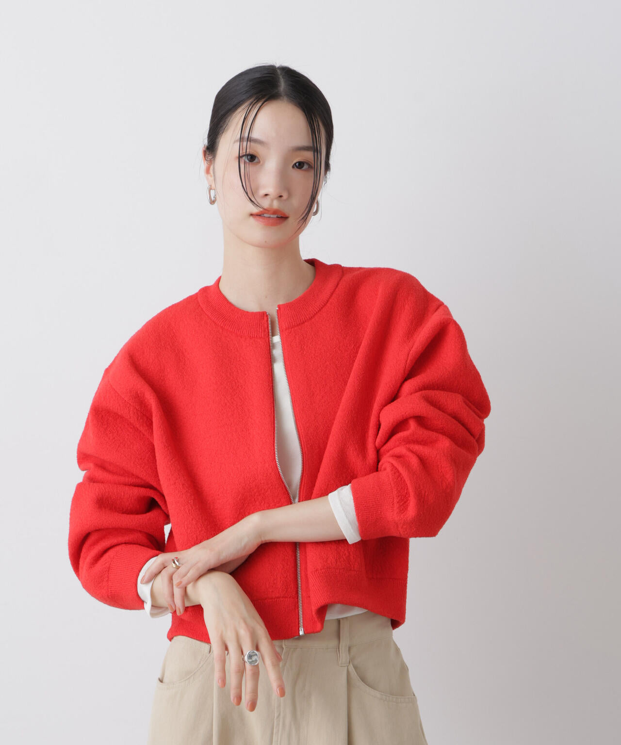 梨地ダブルフェイスジップアップニット 6736122306