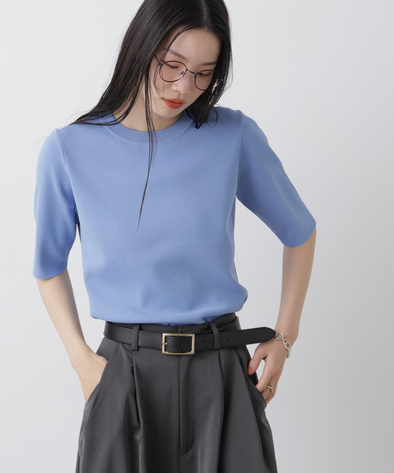 洗濯機洗い可UVカット接触冷感半袖ニット 6736122313