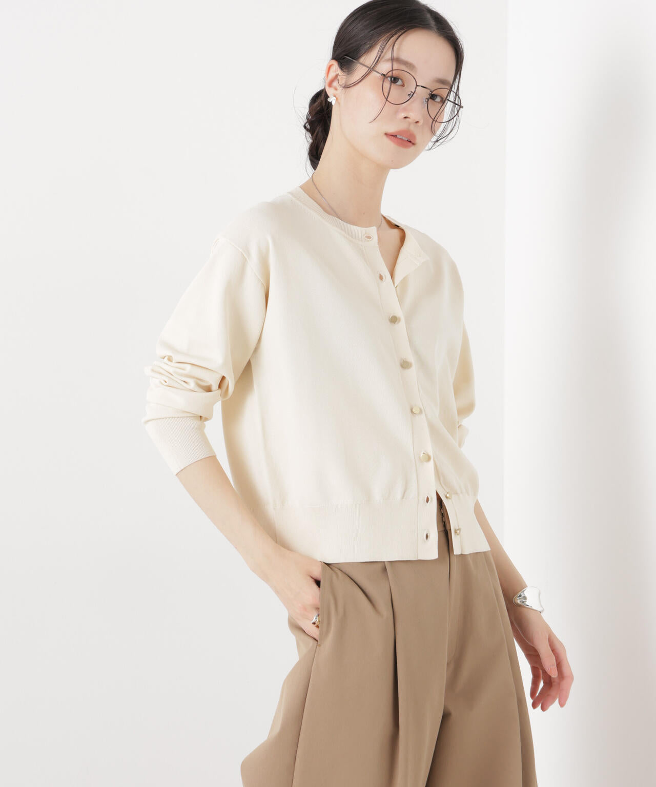 洗濯機洗い可UVカット接触冷感金ボタンクルーカーディガン 6736122316