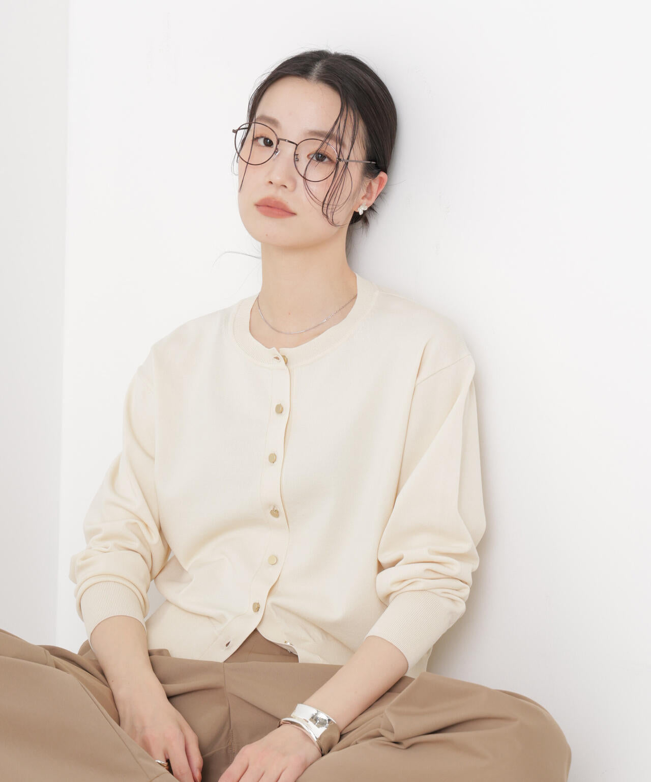 洗濯機洗い可UVカット接触冷感金ボタンクルーカーディガン 6736122316