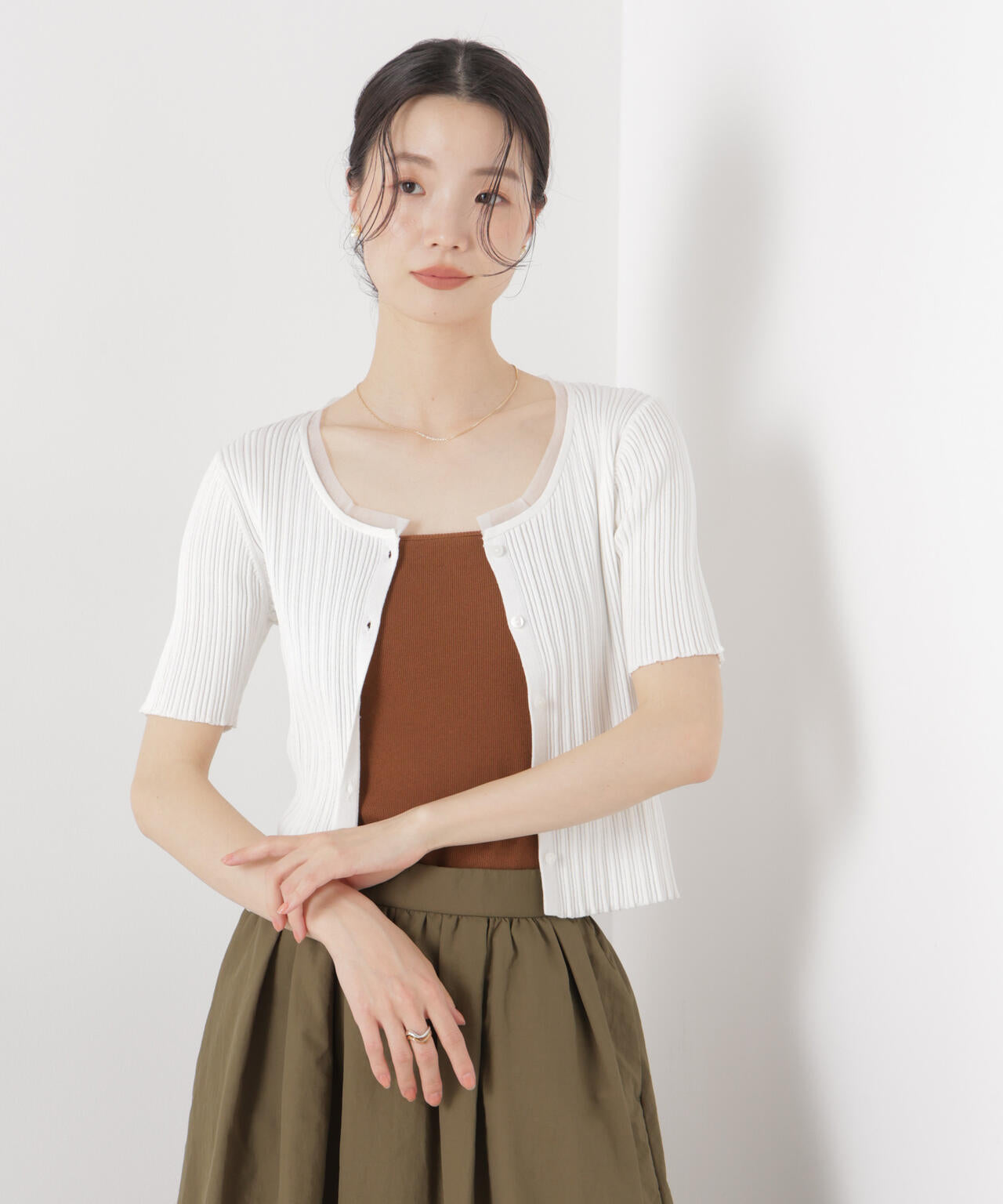 チュールコンビ半袖リブカーディガン 6736122321