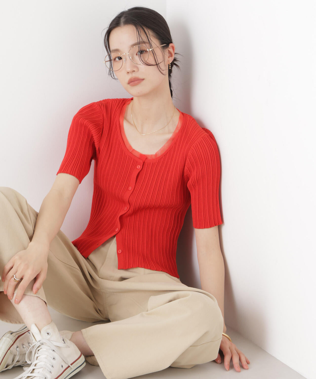 チュールコンビ半袖リブカーディガン 6736122321