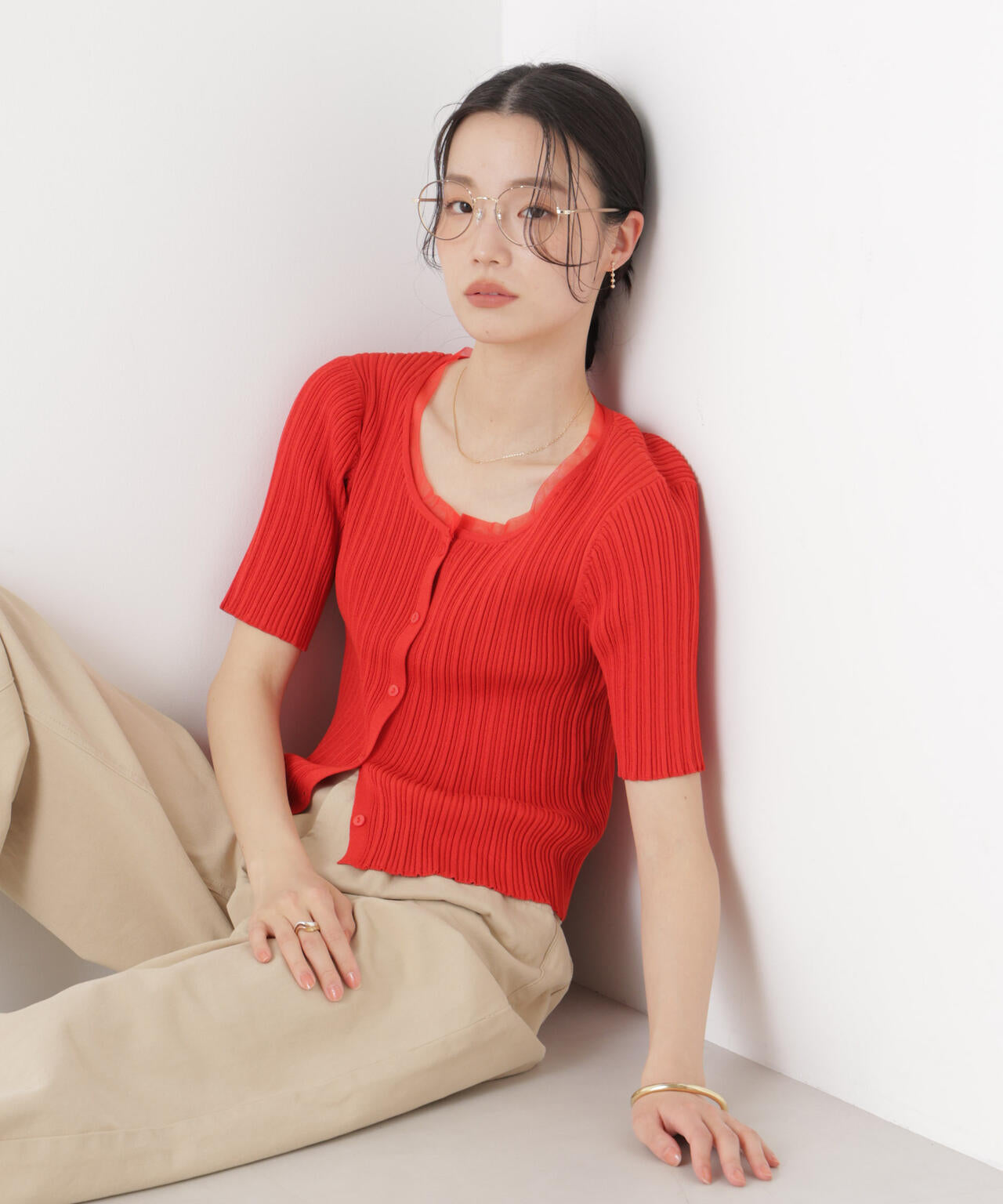 チュールコンビ半袖リブカーディガン 6736122321