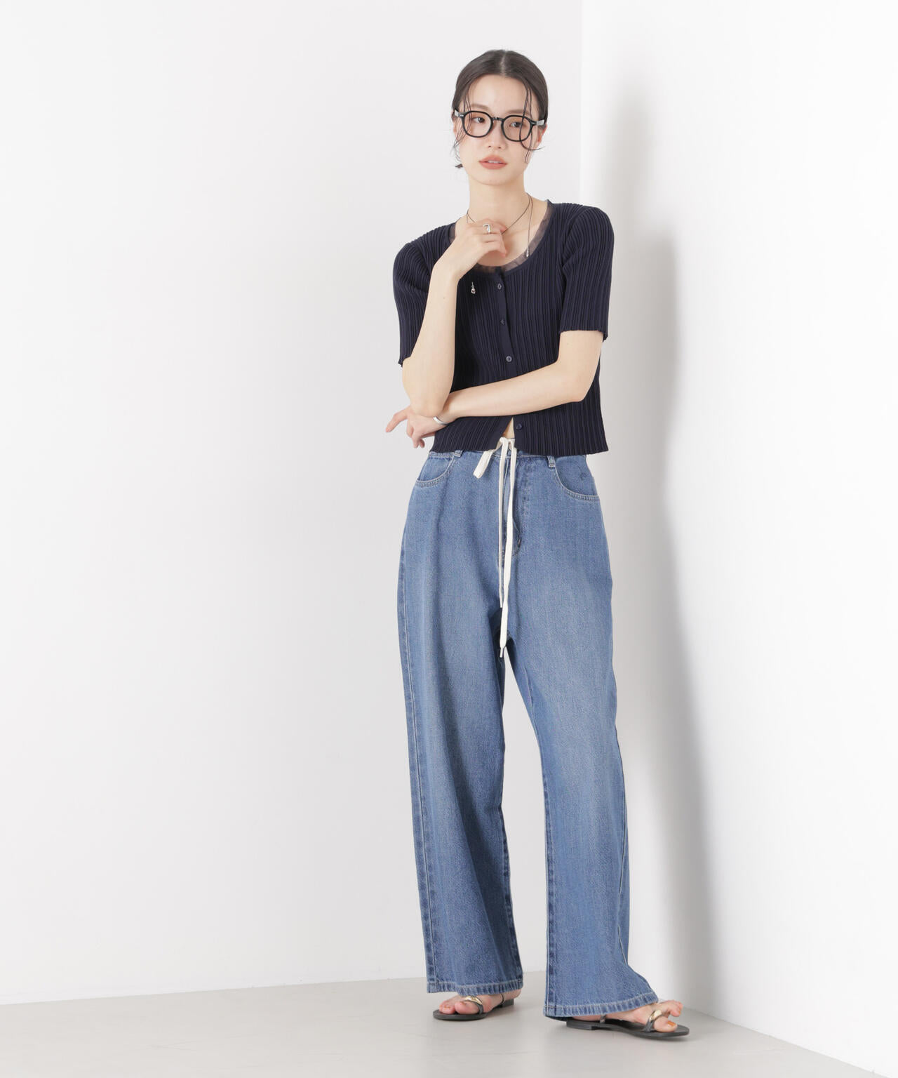 チュールコンビ半袖リブカーディガン 6736122321