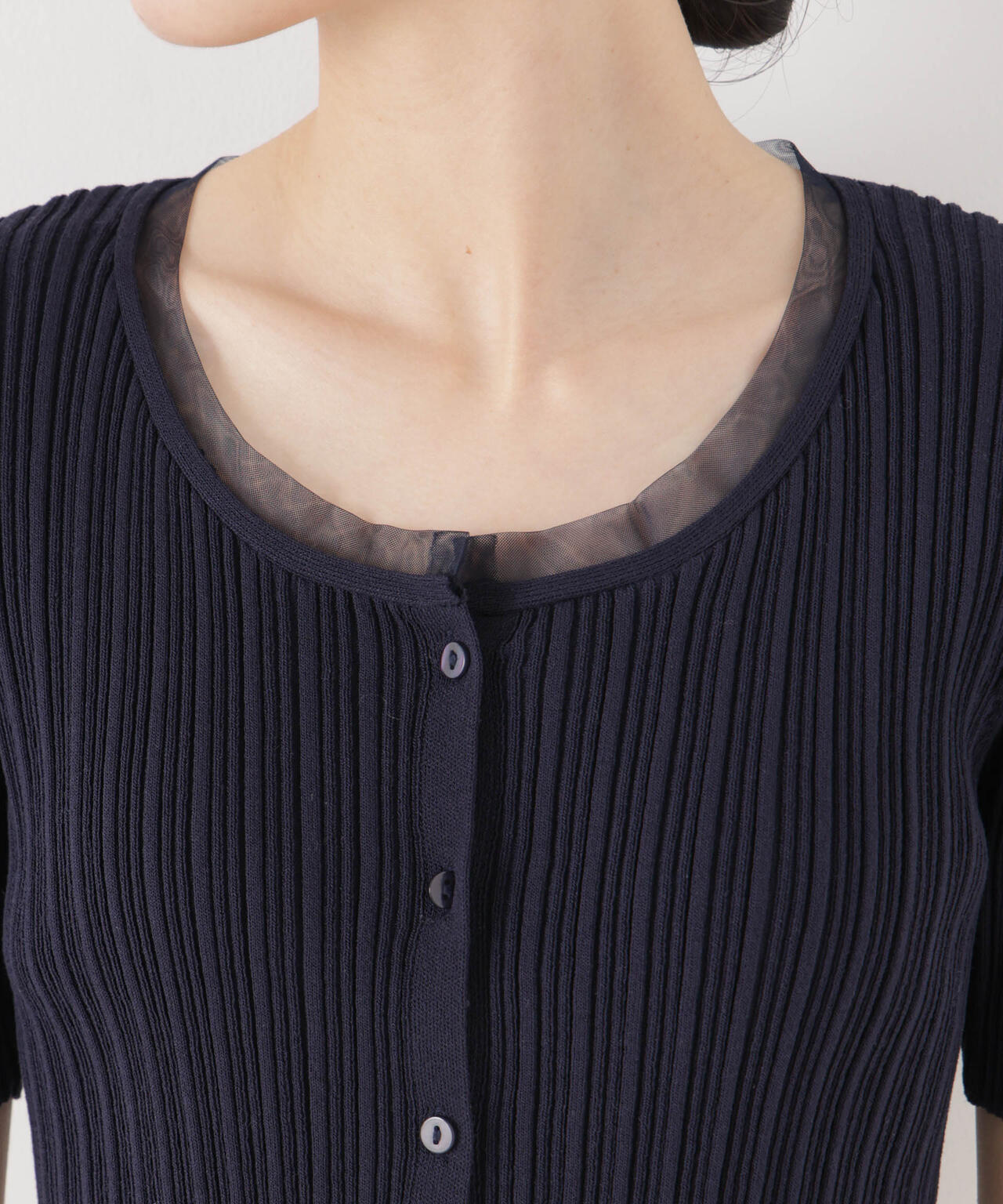 チュールコンビ半袖リブカーディガン 6736122321