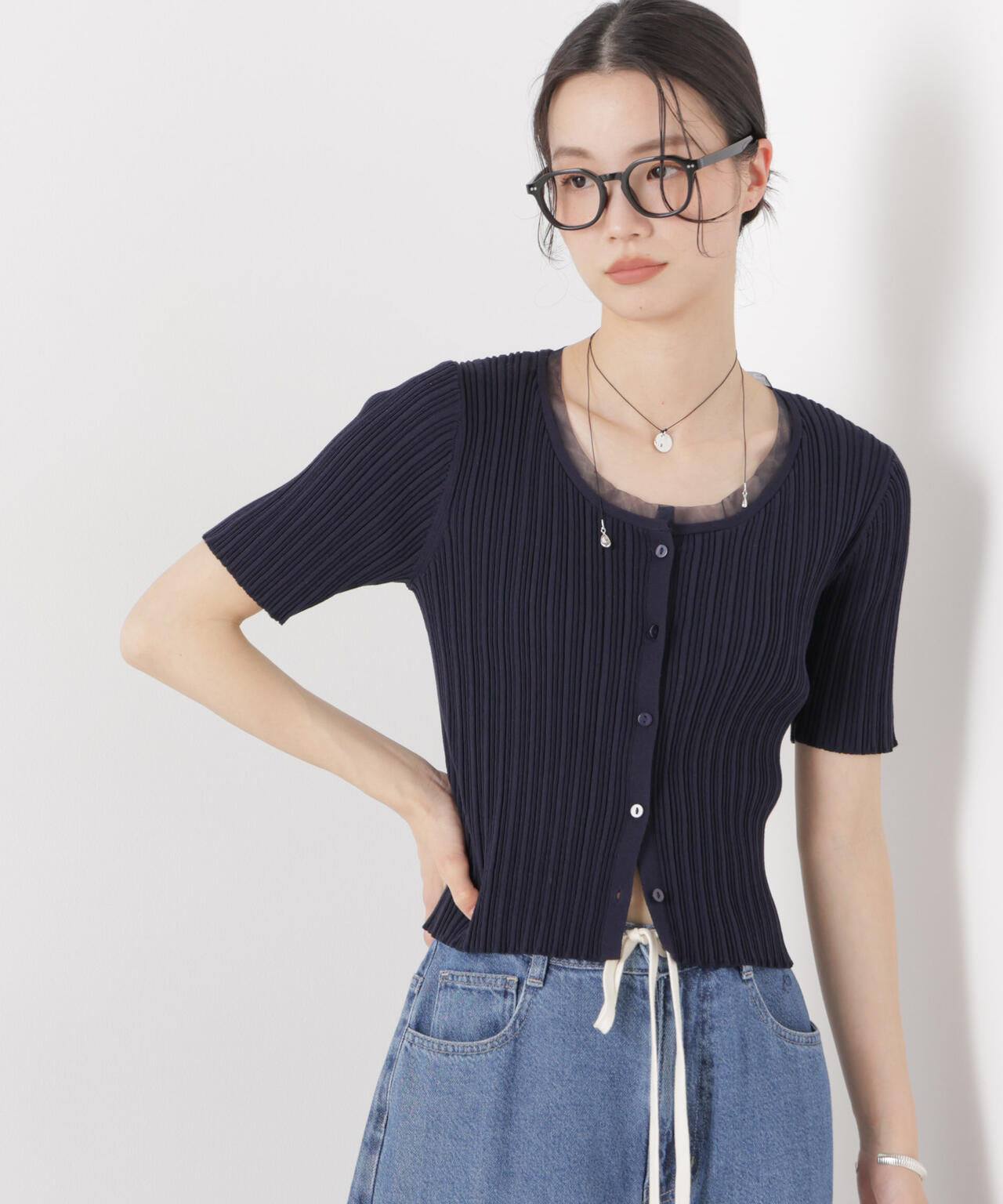 チュールコンビ半袖リブカーディガン 6736122321