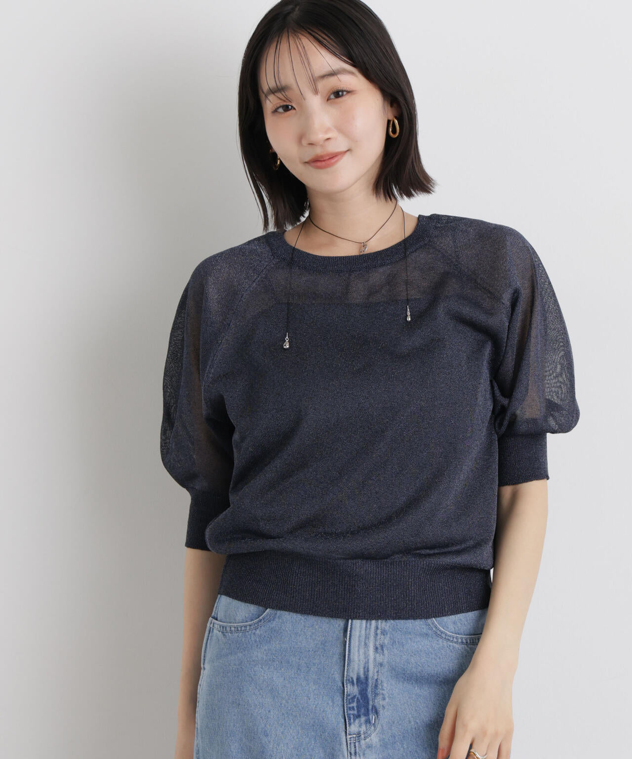 ラグランスリーブ半袖シャイニーニットトップス 6736122332