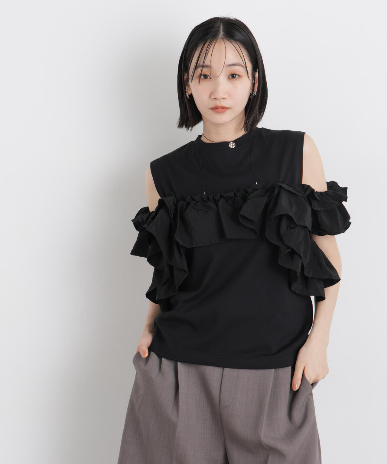3way デザイン フリル コンビ カット トップス