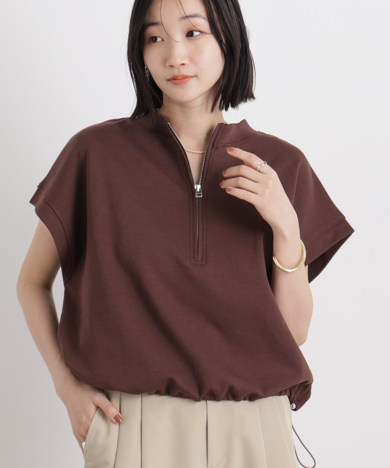 接触冷感 ダンボールカット ハーフジップ トップス ( セットアップ 可)
