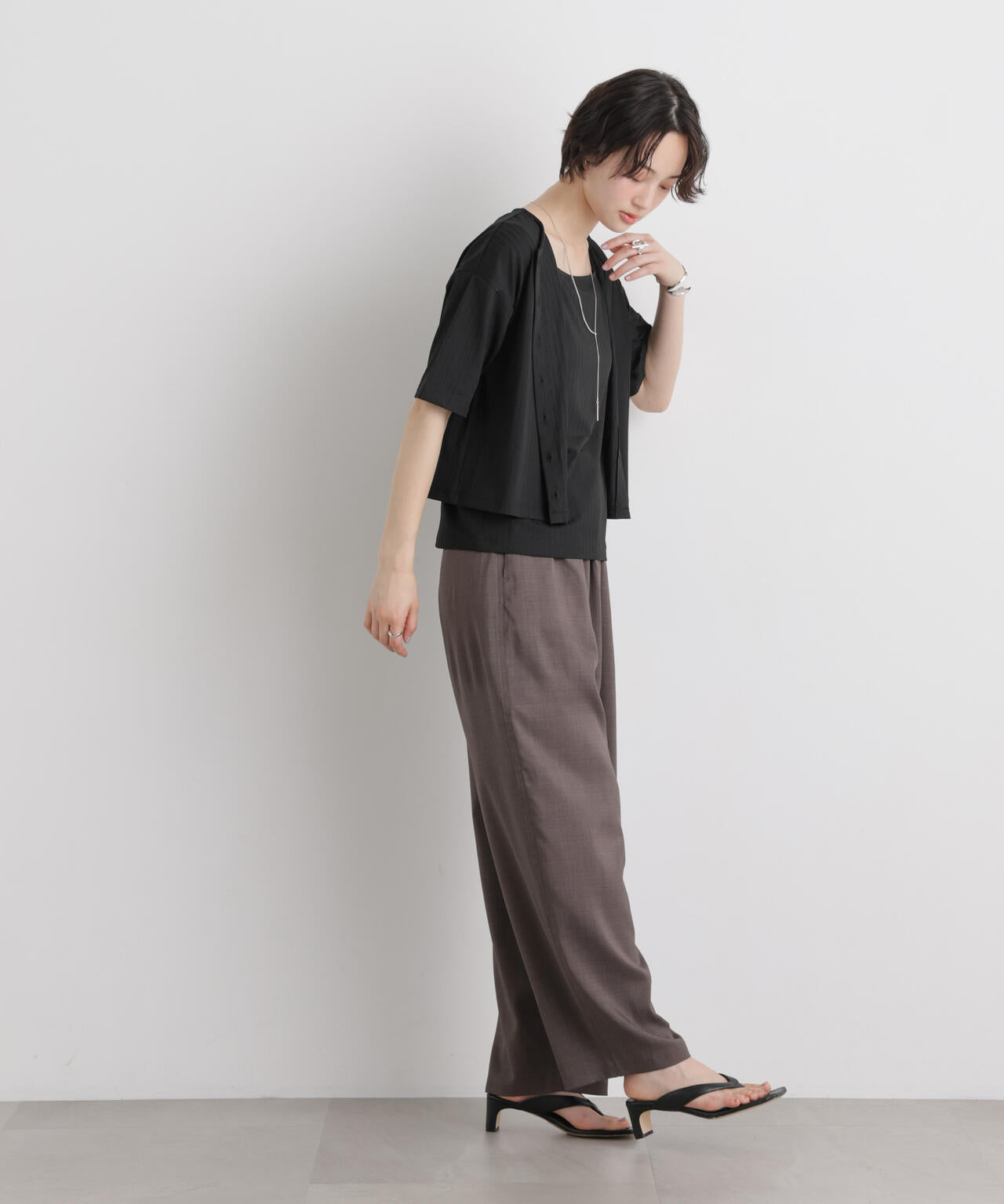 エステルワイドリブ半袖カーディガン&タンクアンサンブルセット(セットアップ可) 6736124329