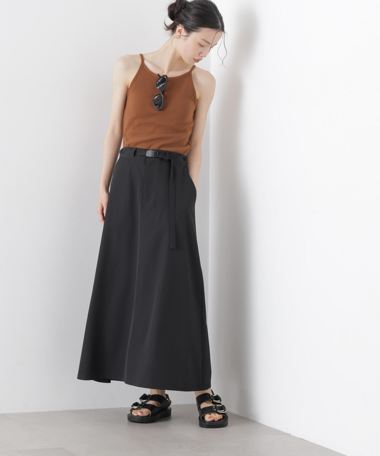 多機能2wayストレッチ ベルテッドセミフレアマキシスカート(セットアップ可) 6736130305