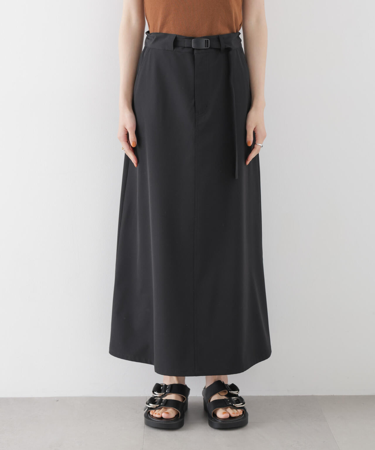 多機能2wayストレッチ ベルテッドセミフレアマキシスカート(セットアップ可) 6736130305