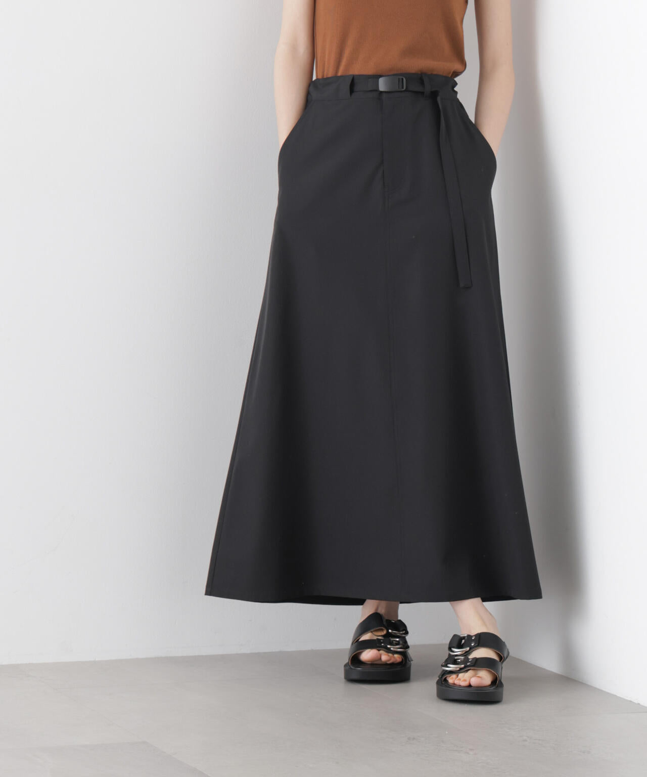 多機能2wayストレッチ ベルテッドセミフレアマキシスカート(セットアップ可) 6736130305