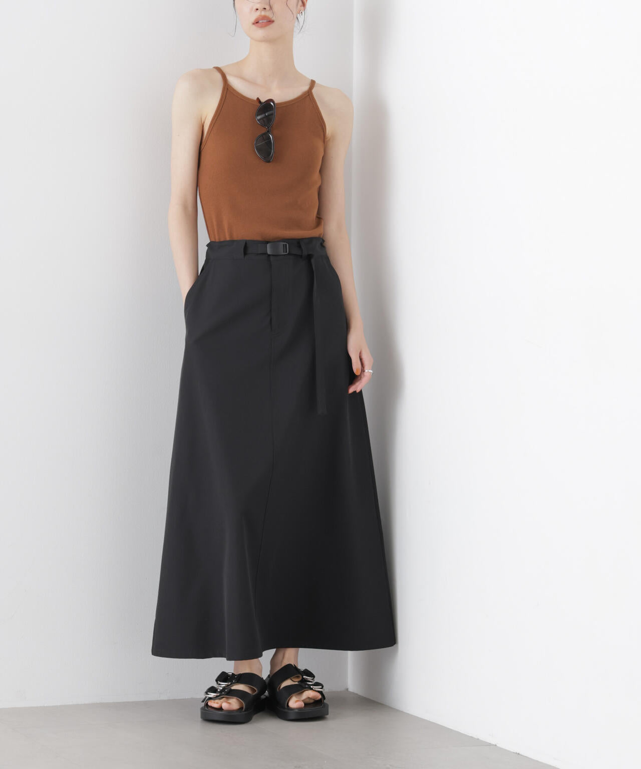 多機能2wayストレッチ ベルテッドセミフレアマキシスカート(セットアップ可) 6736130305