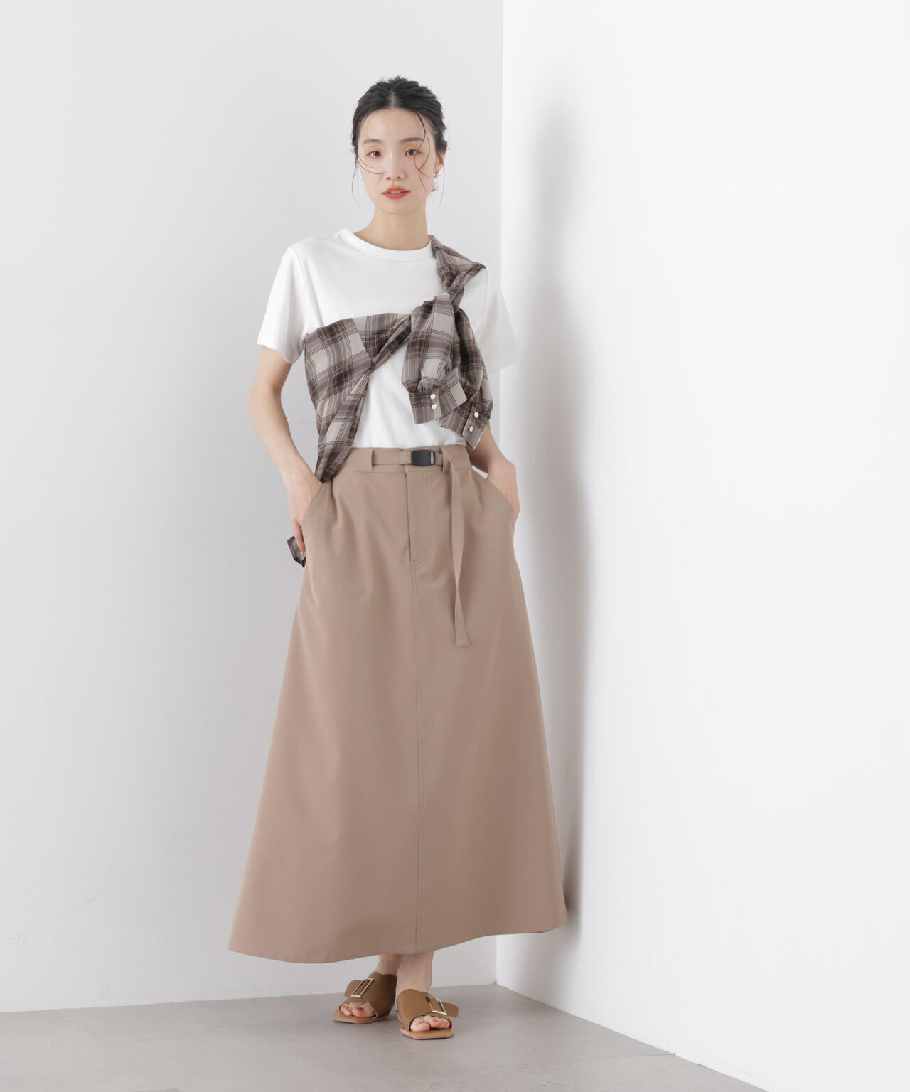 多機能2wayストレッチ ベルテッドセミフレアマキシスカート(セットアップ可) 6736130305