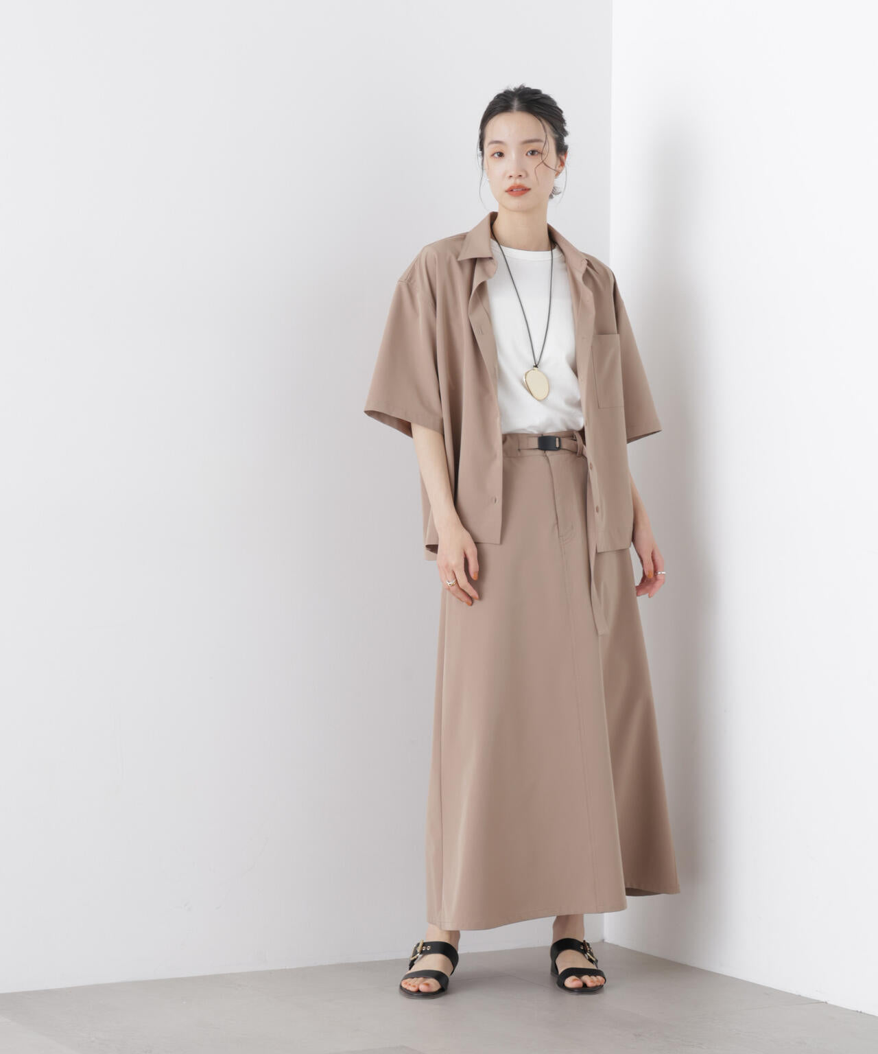 多機能2wayストレッチ ベルテッドセミフレアマキシスカート(セットアップ可) 6736130305