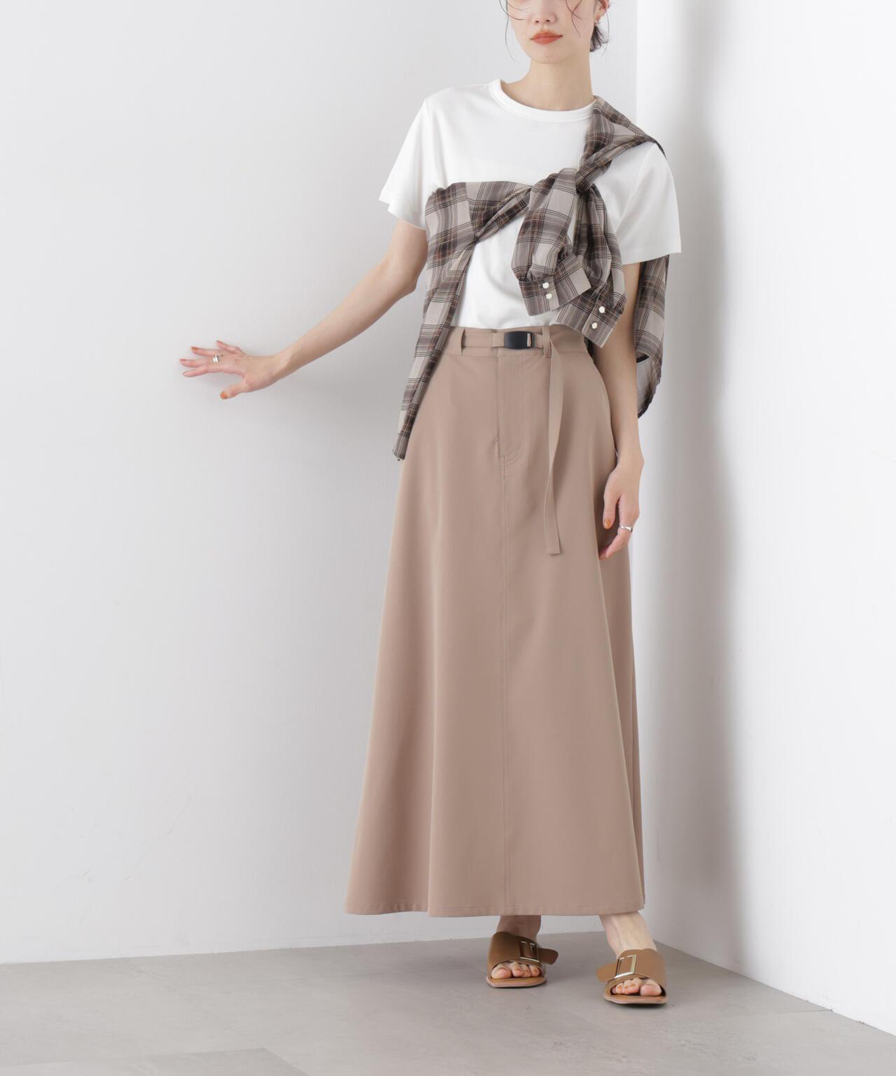 多機能2wayストレッチ ベルテッドセミフレアマキシスカート(セットアップ可) 6736130305