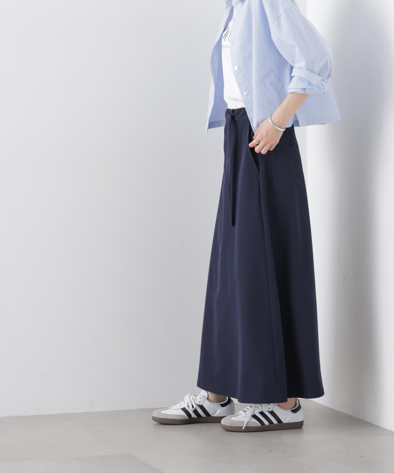 多機能2wayストレッチ ベルテッドセミフレアマキシスカート(セットアップ可) 6736130305