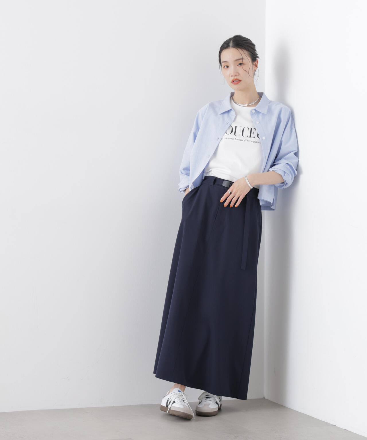 多機能2wayストレッチ ベルテッドセミフレアマキシスカート(セットアップ可) 6736130305