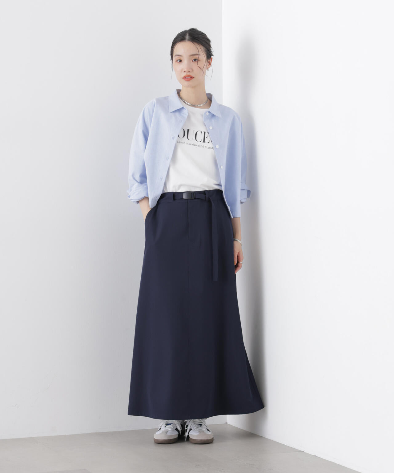 多機能2wayストレッチ ベルテッドセミフレアマキシスカート(セットアップ可) 6736130305