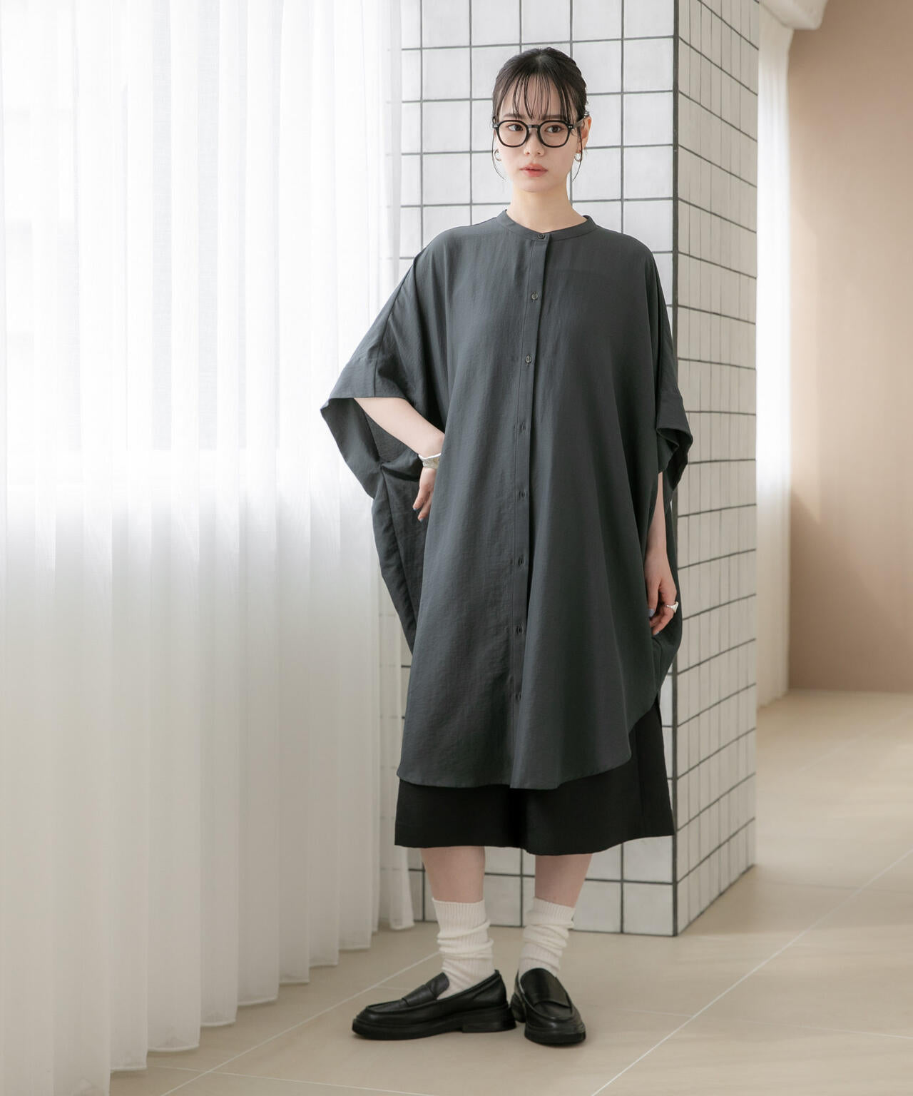 WEB限定/多機能素材 バンドカラーワイドチュニックシャツワンピース 6736219303