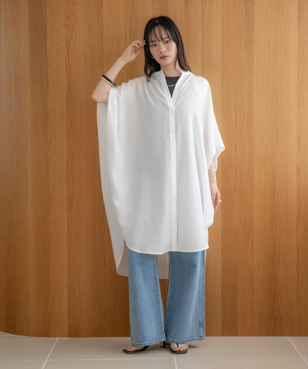 WEB限定/多機能素材 バンドカラーワイドチュニックシャツワンピース 6736219303