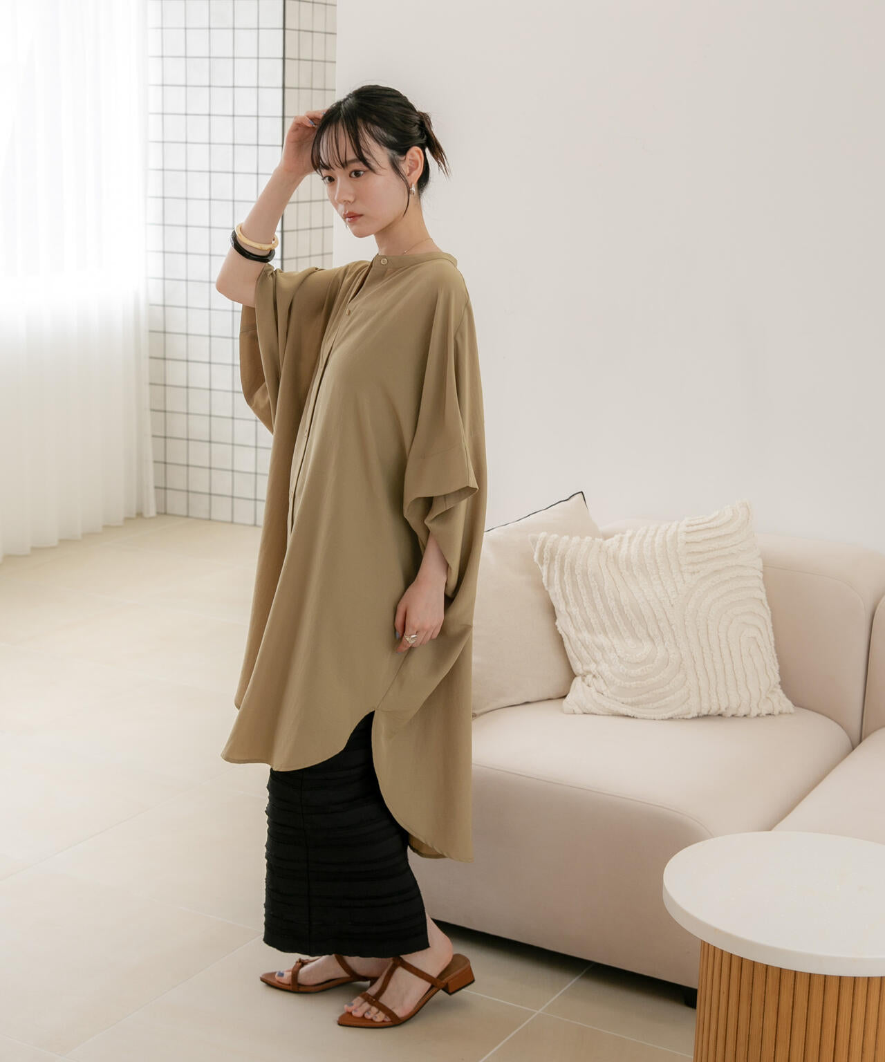 WEB限定/多機能素材 バンドカラーワイドチュニックシャツワンピース 6736219303