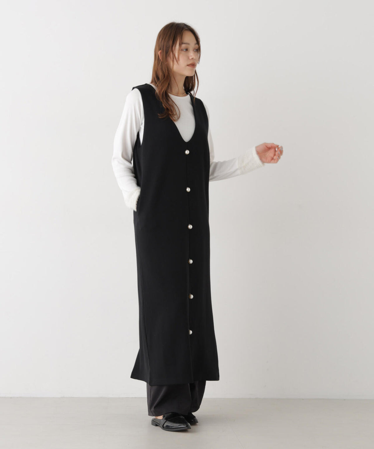 ファースリーブトップス×パールワンピース アンサンブルセット 6736219308