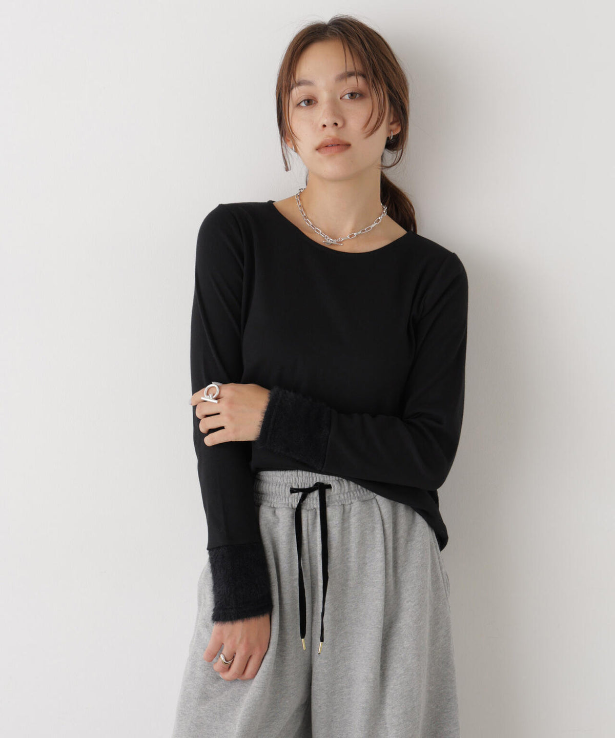 ファースリーブトップス×パールワンピース アンサンブルセット 6736219308