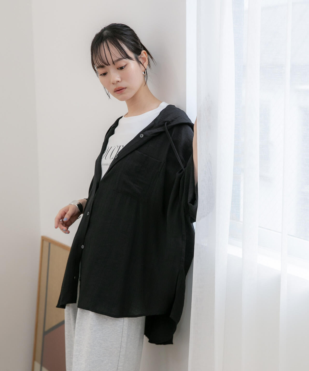 WEB限定/接触冷感機能 レーヨンナイロンワッシャーフードシャツ 6736220300