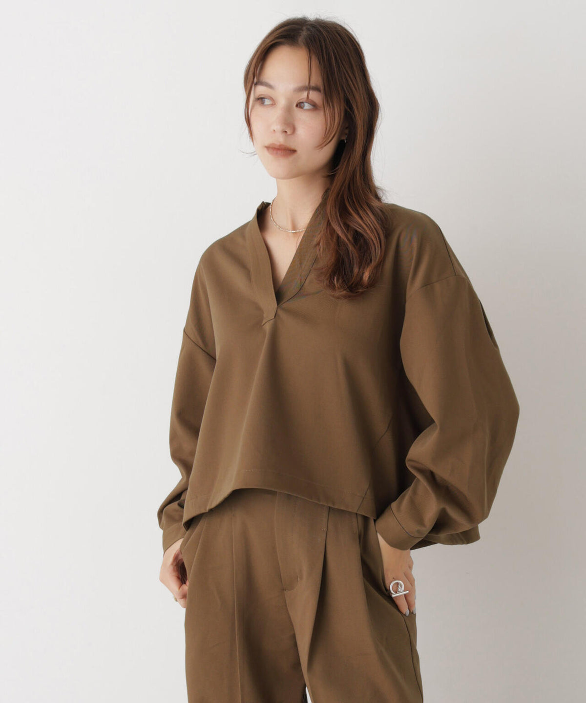 スキッパークロップドツイルシャツ(セットアップ可) 6736220309