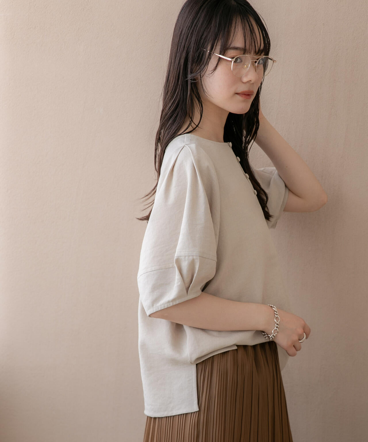 WEB限定/多機能素材 前後2wayランタンスリーブクルーブラウス(セットアップ可) 6736221309